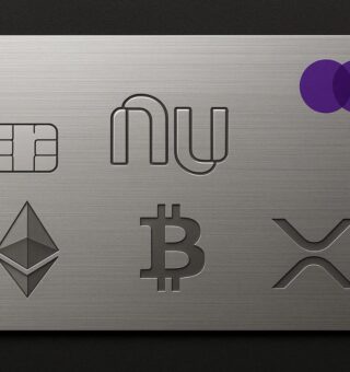 Cartão do Nubank com logo de criptomoedas (ETH, BTC, XRP)