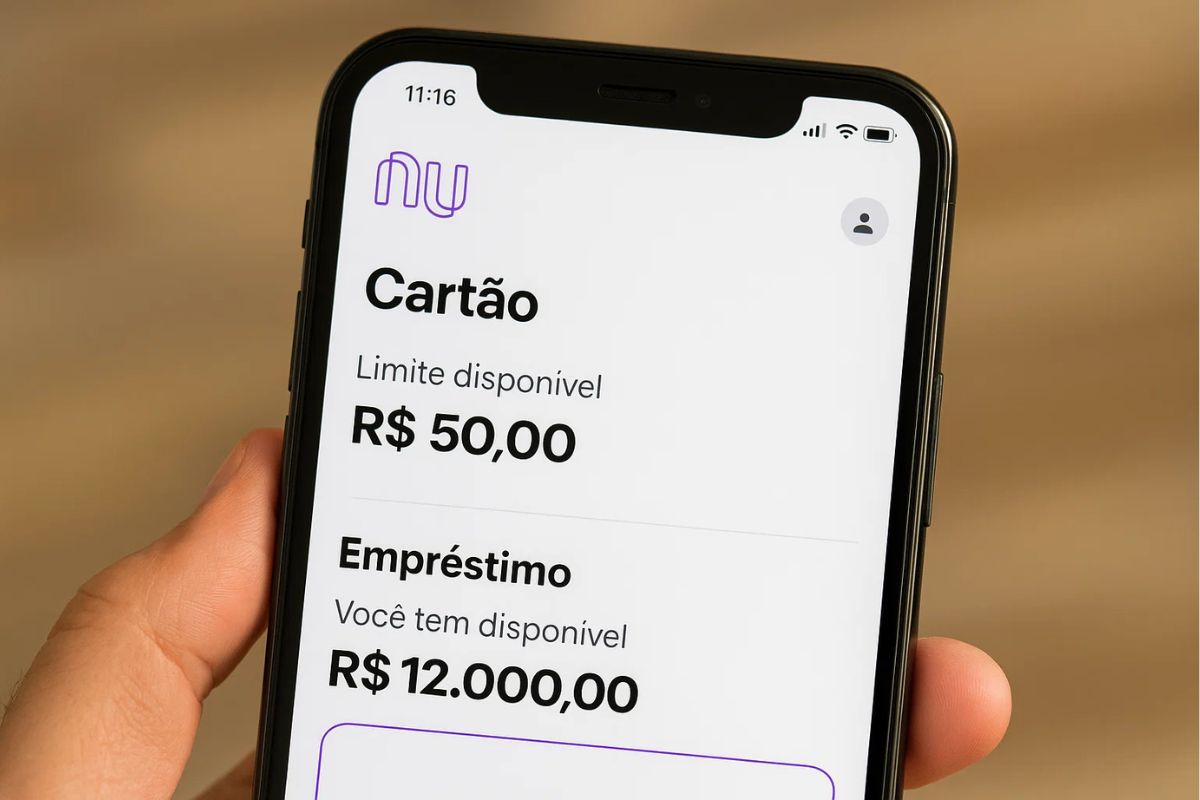Aplicativo do Nubank aberto vendo o limite do cartão e do empréstimo