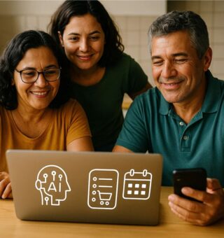 Um grupo de pessoa com +40 anos vendo o que é IA em um notebook