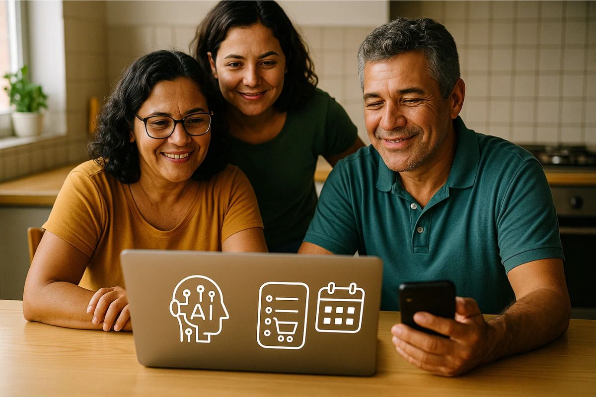 Um grupo de pessoa com +40 anos vendo o que é IA em um notebook