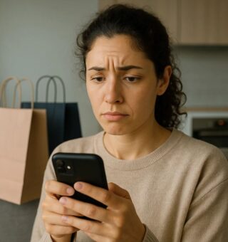 Uma mulher com o celular na mão realizando compra compulsiva: oniomania