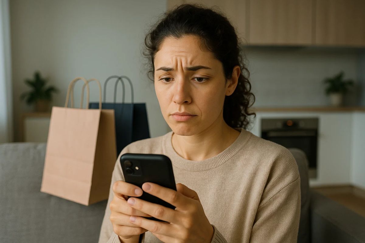 Uma mulher com o celular na mão realizando compra compulsiva: oniomania