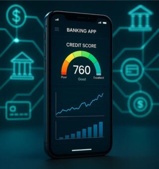 Ilustração de um celular com o score, e ao fundo a rede gerada pelo Open Finance