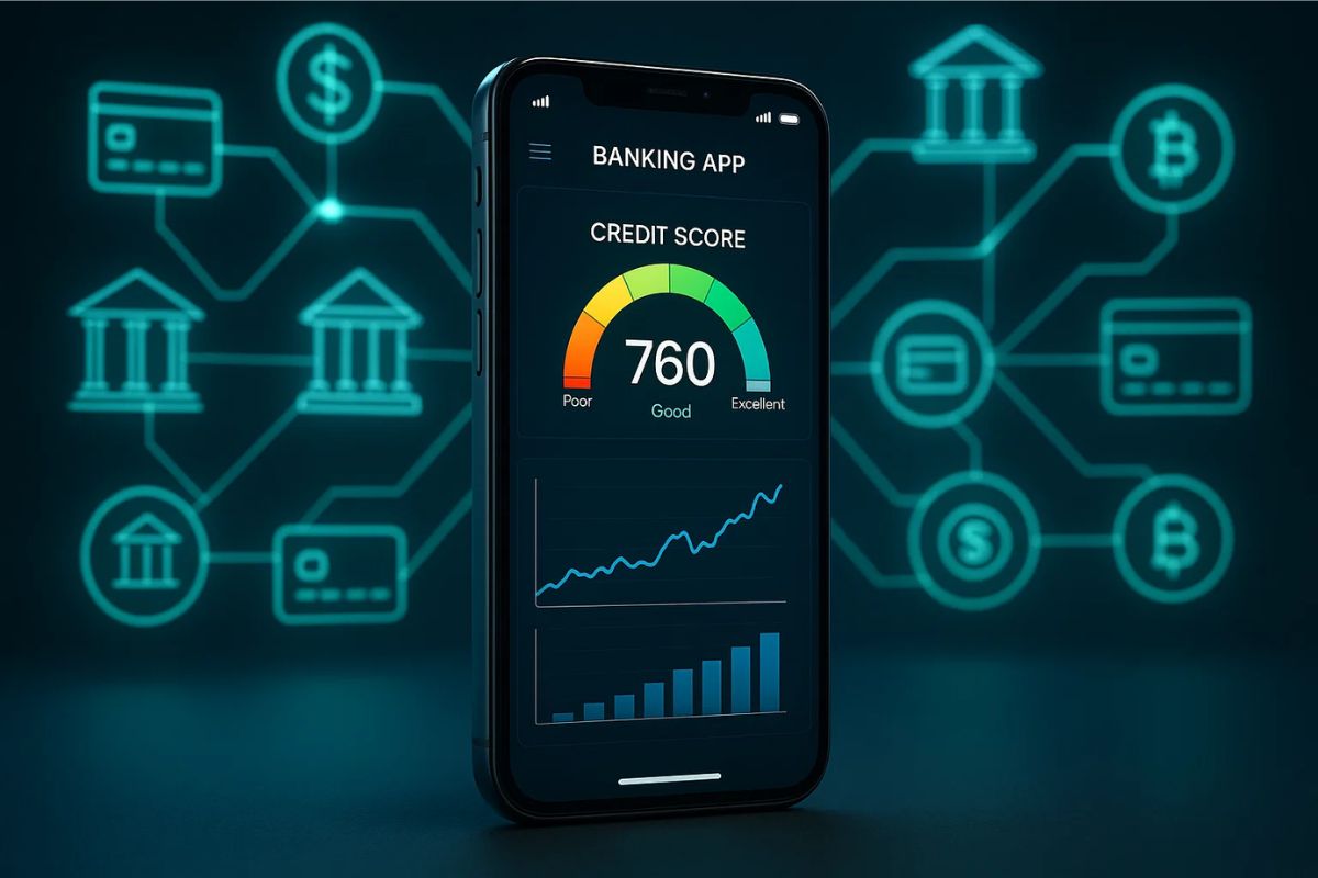 Ilustração de um celular com o score, e ao fundo a rede gerada pelo Open Finance