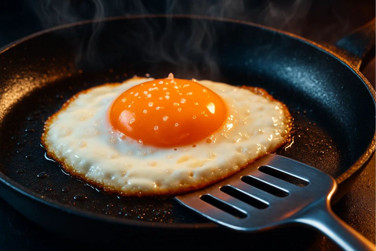 Ovo frito em uma frigideira com a espátula embaixo