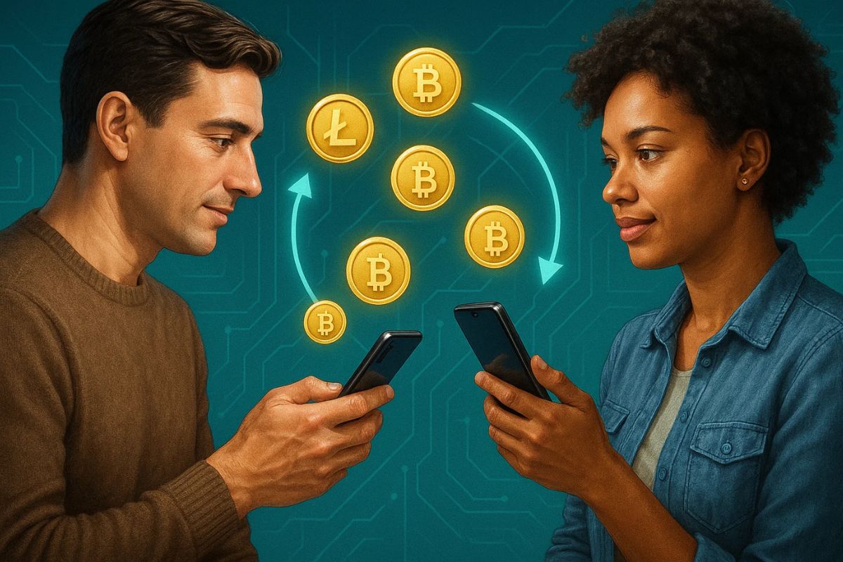 Duas pessoas com celular na mão usando o P2P para transferir dinheiro