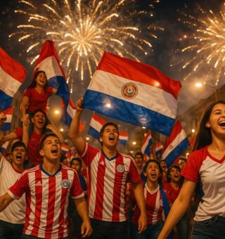 Imagem dos torcedores do Paraguai na rua comemorando o feriado nacional