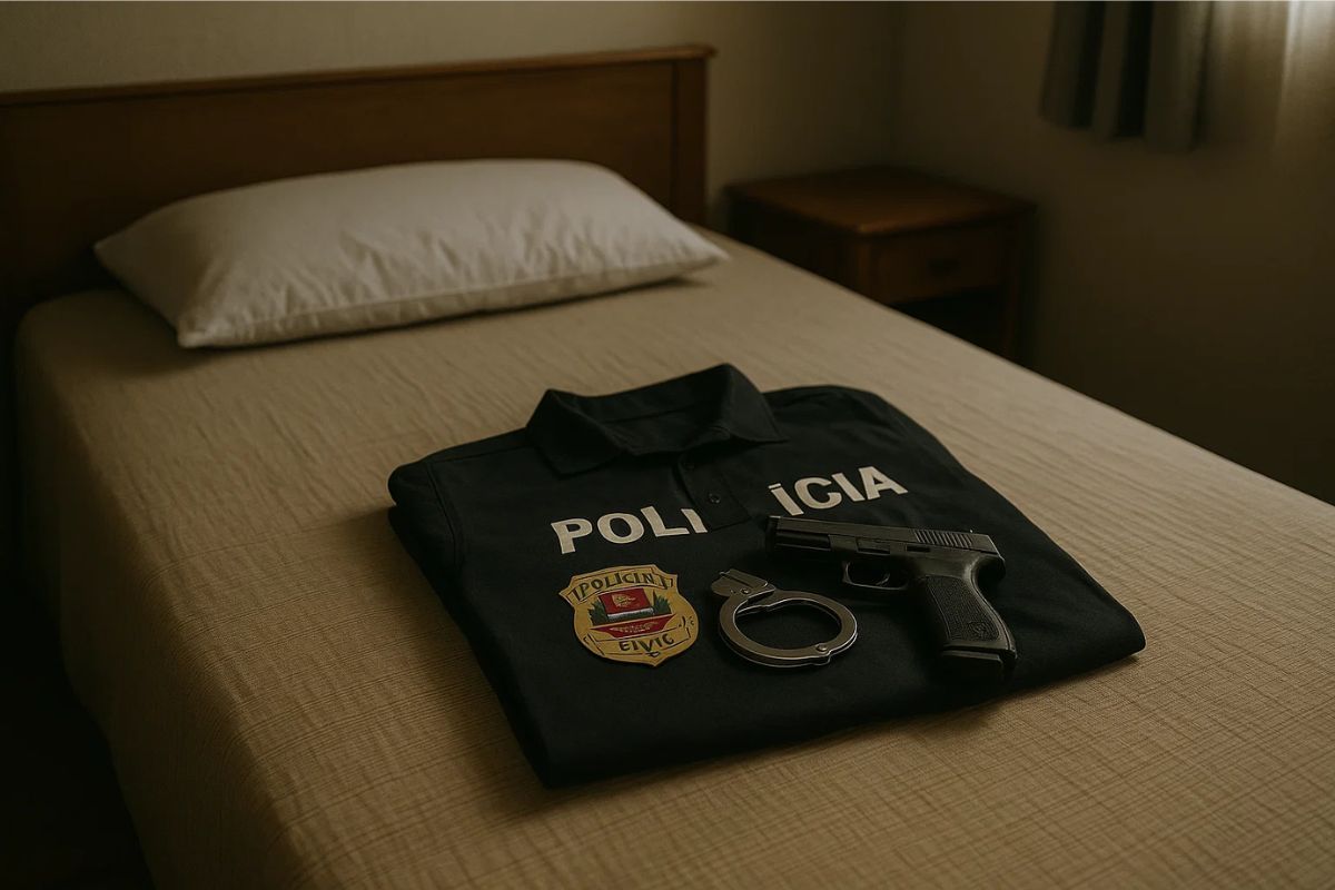 Uniforme Policial dobrado em cima da cama com uma arma e uma algema