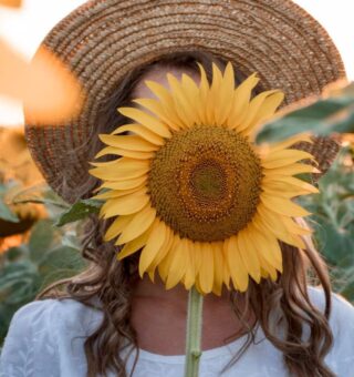 Uma mulher seguira um girassol cobrindo seu rosto, representando a Primavera