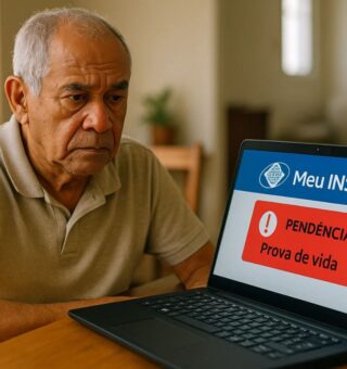 Um senhor em dúvida com a notificação que apareceu em seu computador para fazer a Prova de vida