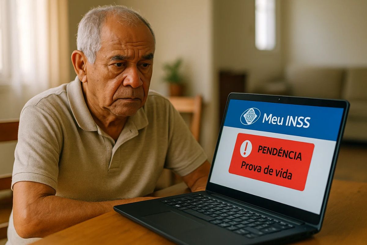 Um senhor em dúvida com a notificação que apareceu em seu computador para fazer a Prova de vida