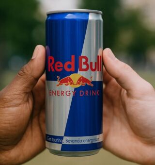 Duas mãos segurando uma lata de Red Bull