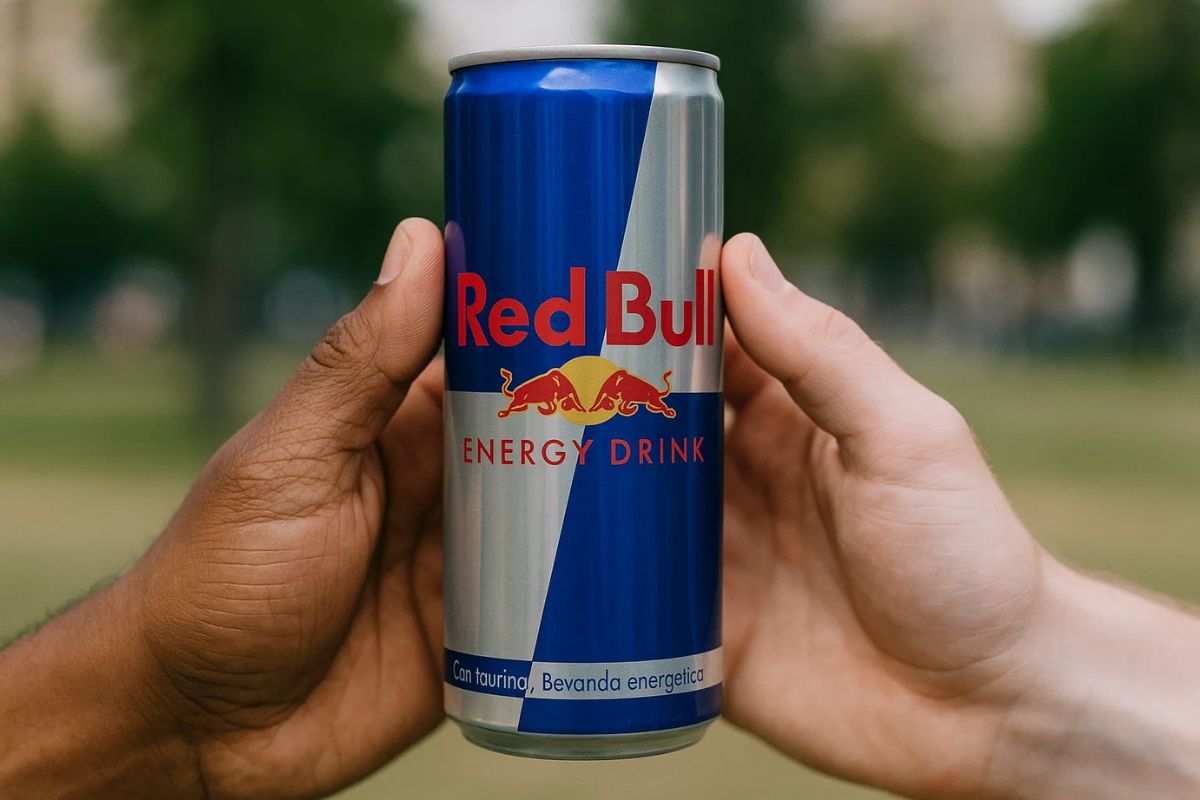 Duas mãos segurando uma lata de Red Bull