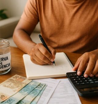 Uma pessoa com o caderno, calculadora e escrevendo o que precisa para fazer sua Reserva de Emergência