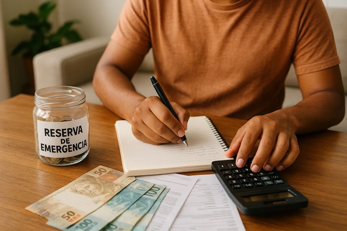 Uma pessoa com o caderno, calculadora e escrevendo o que precisa para fazer sua Reserva de Emergência