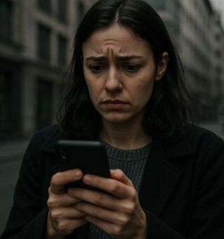 Uma mulher olha para o celular aflita após descobrir o vazamento de dados da Sapphos