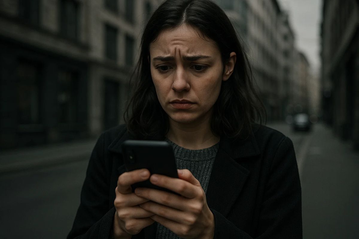 Uma mulher olha para o celular aflita após descobrir o vazamento de dados da Sapphos