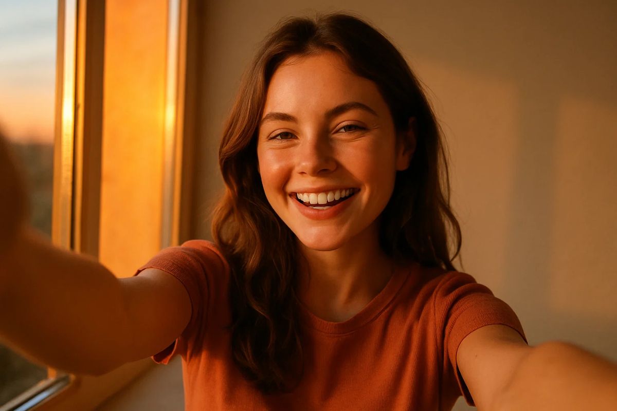 Uma jovem tirando uma selfie durante o pôr do sol