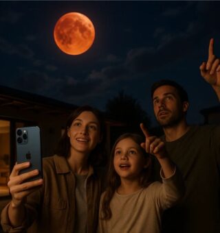 Uma família em Setembro acompanhando o eclipse com o iPhone 17 na mão da mãe ao lado da filha e pai que apontam para o céu