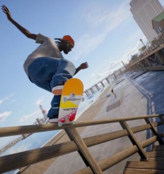 Imagem de um skatista em Skate. fazendo um grind em um corrimão de escada