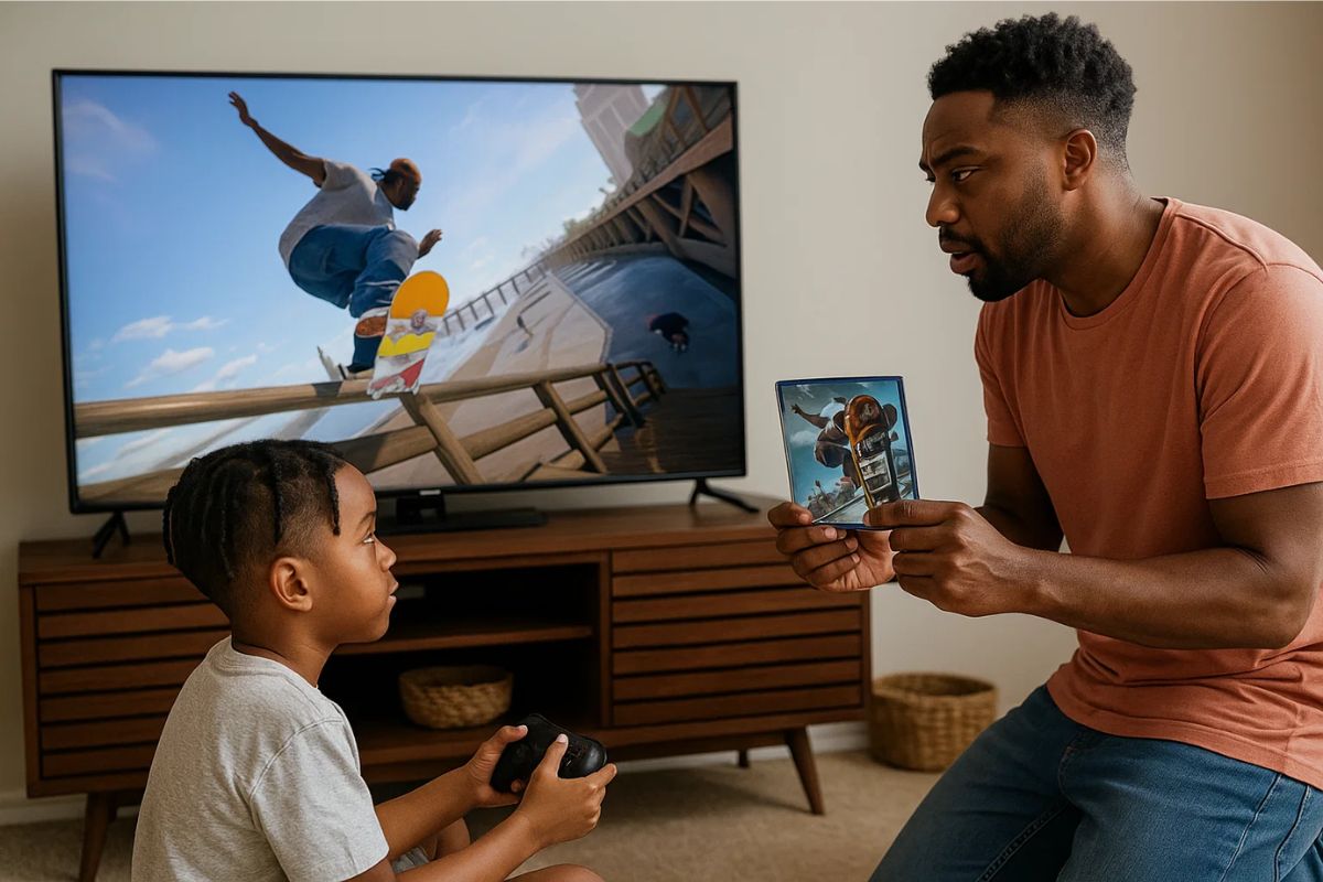 Um filho joga Skate 4, mas seu pai recomenda joga Skate 3