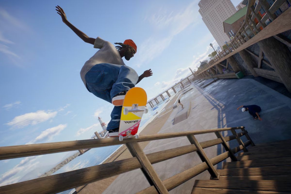 Imagem de um skatista em Skate. fazendo um grind em um corrimão de escada