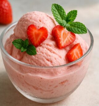 Sorvete de morango em uma tigela de vidro