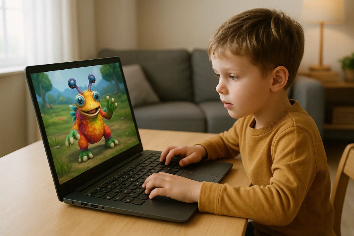 Uma criança jogando Spore no notebook
