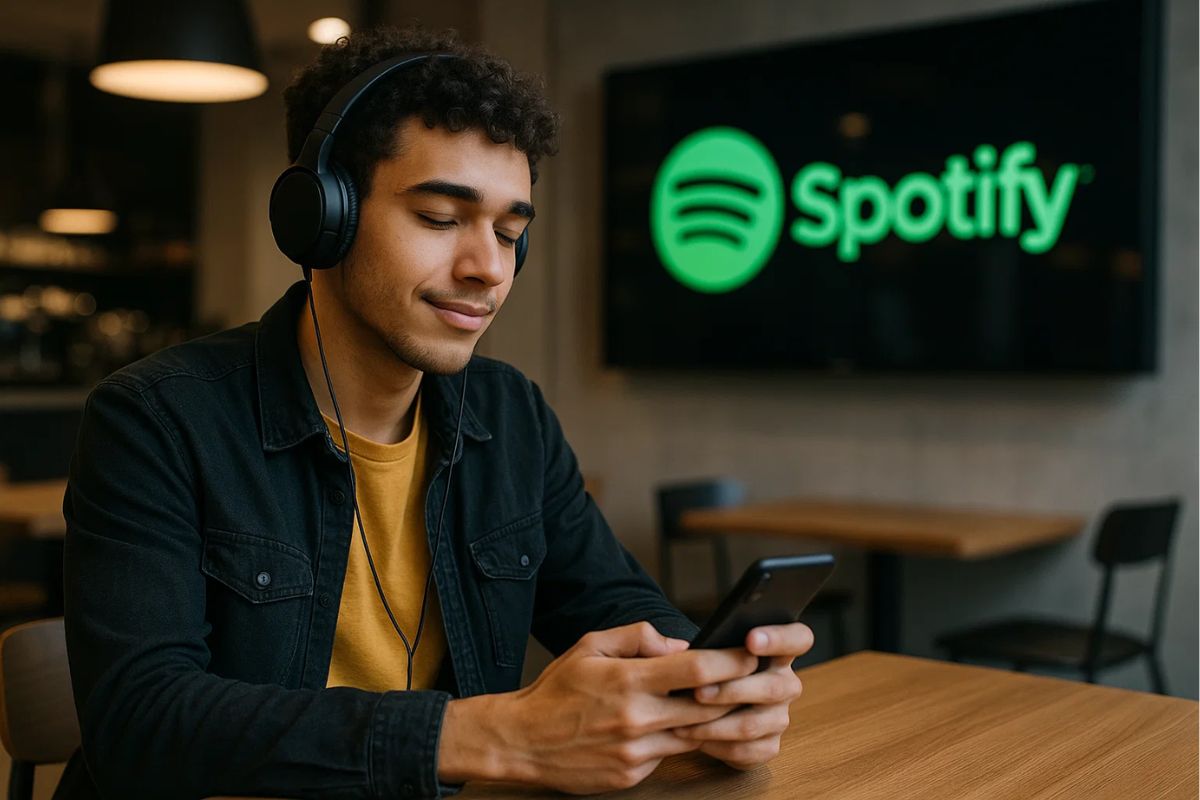 Spotify um jovem com fone de ouvido e celular na mão ouvindo música no Spotify