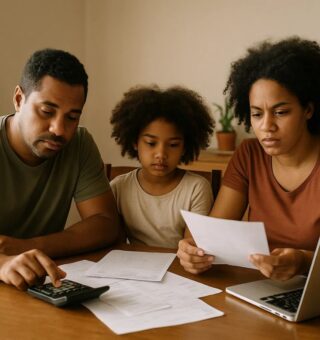 Uma família em casa revendo as contas após ajuste da Taxa Selic a 15%