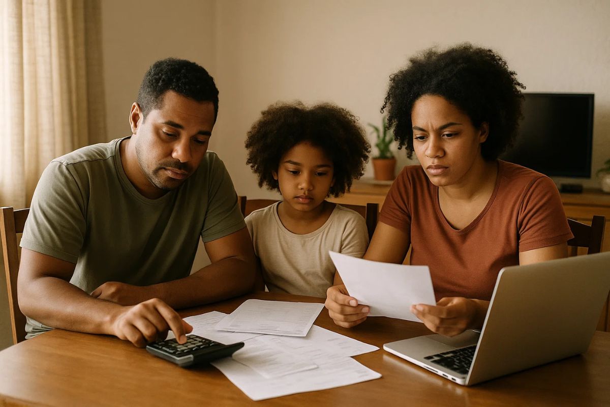 Uma família em casa revendo as contas após ajuste da Taxa Selic a 15%