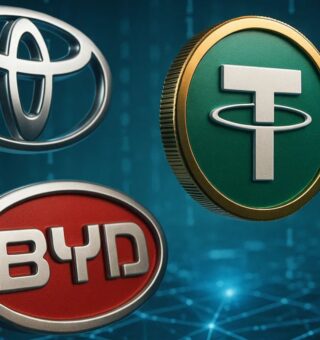 USDT ao lado de logos de marca: BYD, Toyota e Yamaha