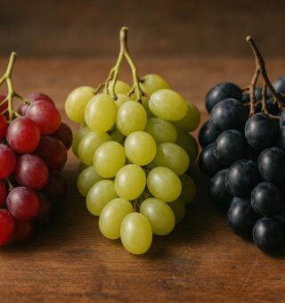 Uvas vermelhas, verdes e azuis em uma mesa