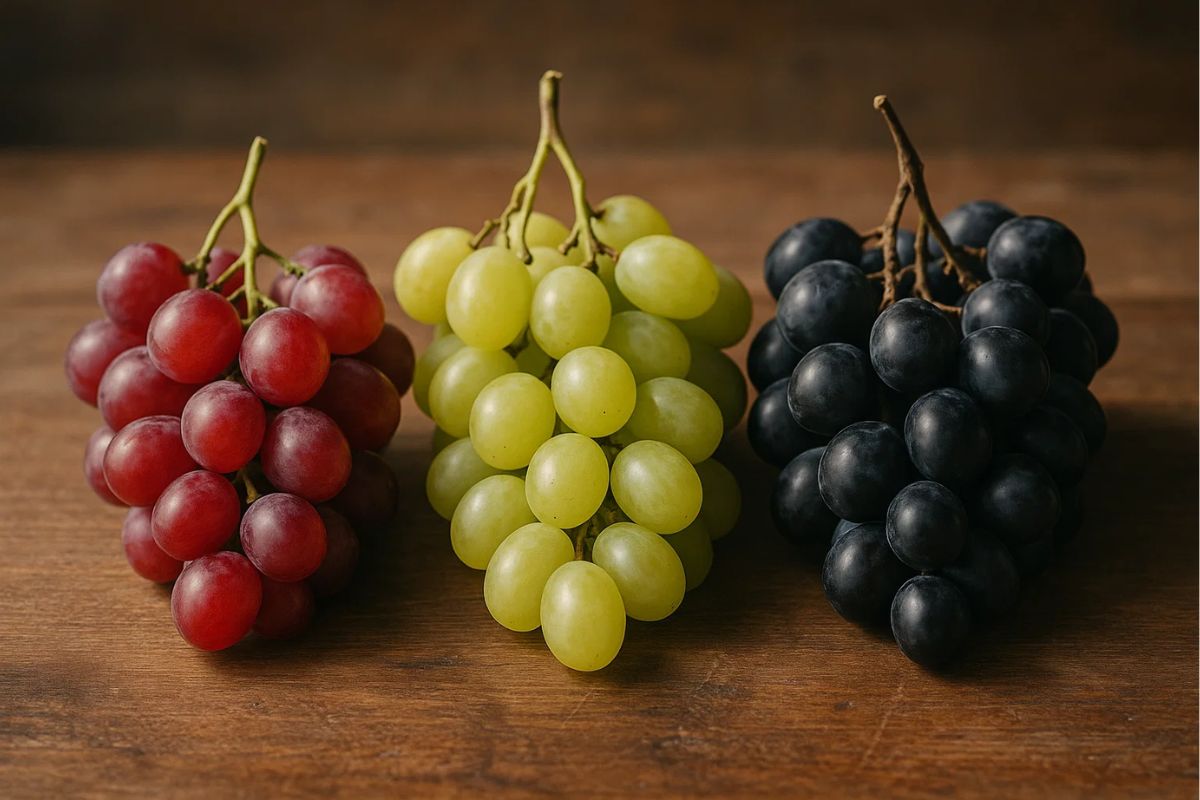Uvas vermelhas, verdes e azuis em uma mesa