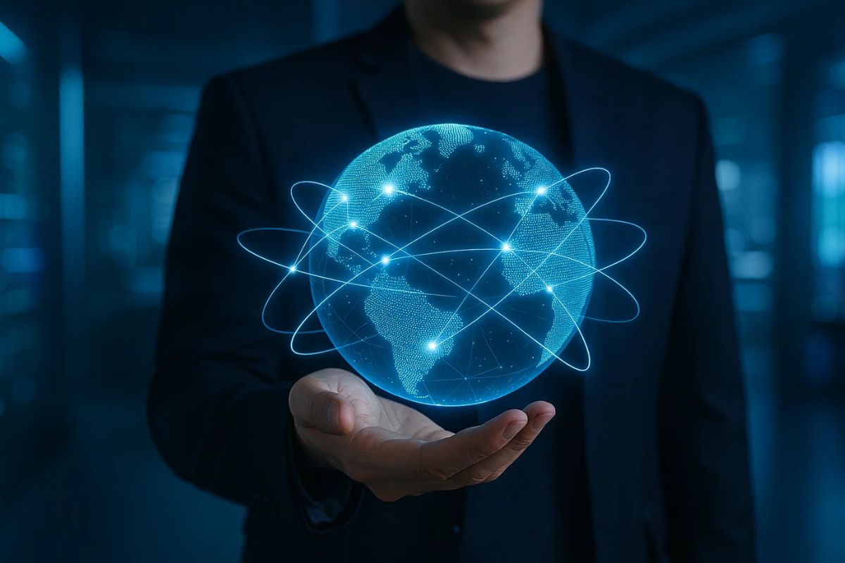 Uma pessoa tem um globo digital em cima das palmas das mãos representando a posse da Worldcoin