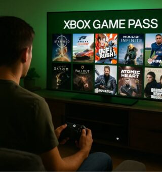 Um rapaz jogando no Xbox Game Pass em sua televisão