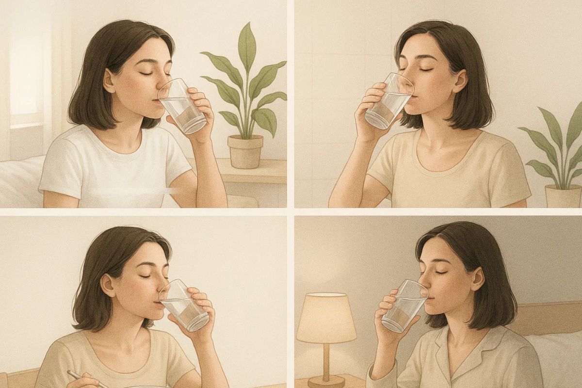 Uma ilustração de quatros momentos para beber água