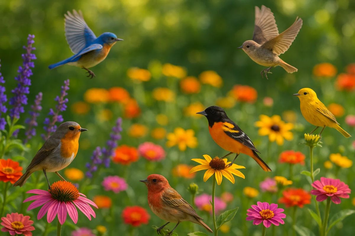 Imagem de um jardim onde passa beija-flor além de outros pássaros