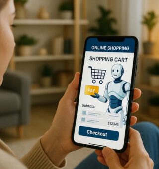 Uma mulher usando o celular para fazer compras com o comércio agêntico