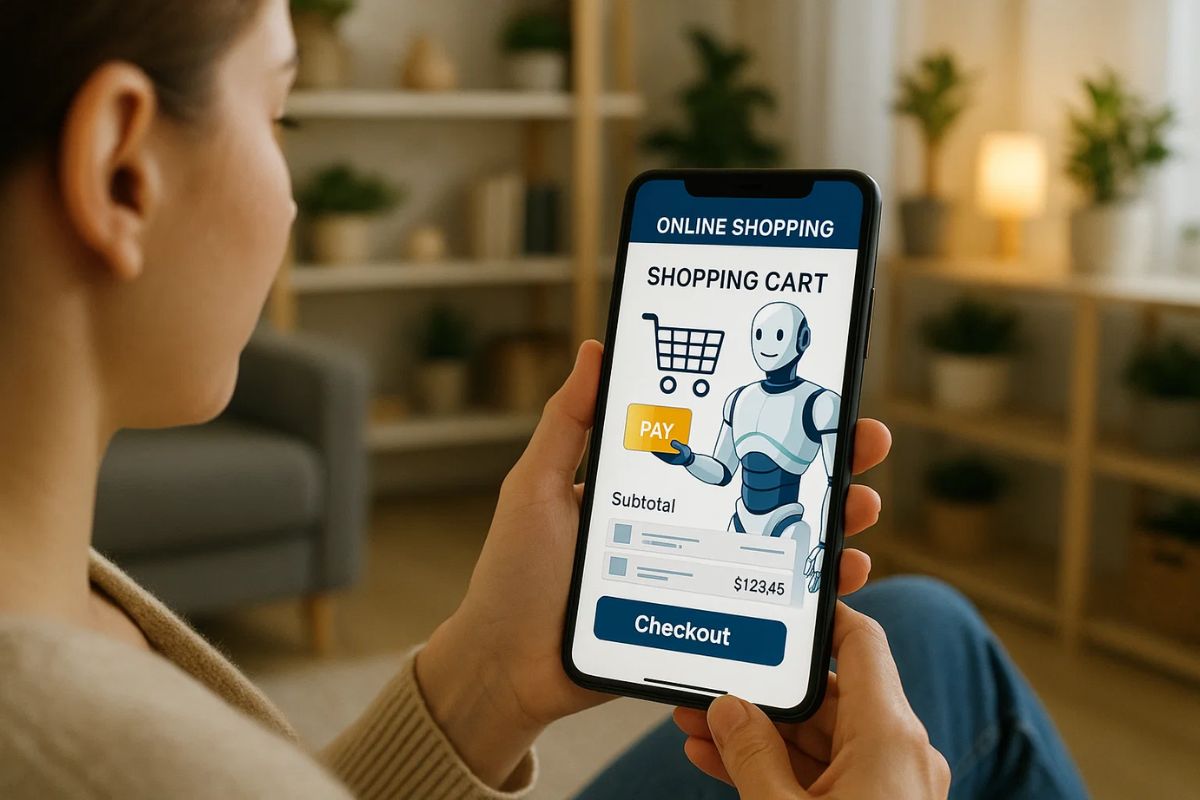 Uma mulher usando o celular para fazer compras com o comércio agêntico