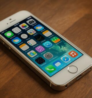 iPhone 5S em cima de uma bancada de madeira