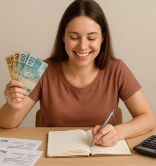Uma mulher feliz com dinheiro na mão depois de investir