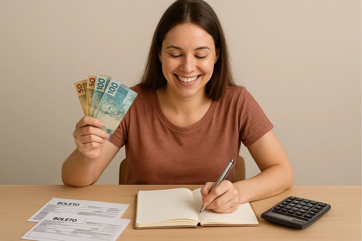 Uma mulher feliz com dinheiro na mão depois de investir
