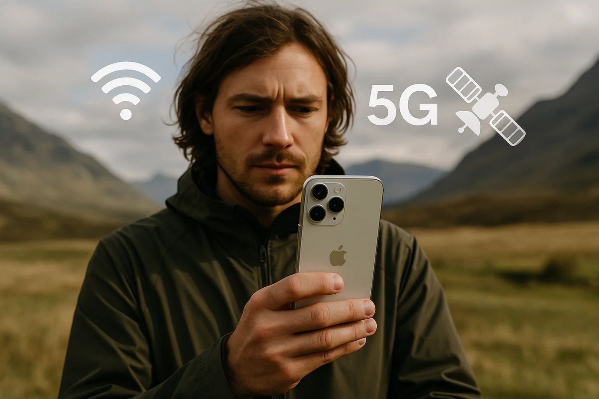 Imagem de um home com iPhone 17 no meio da mata