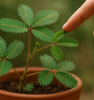 Planta dormideira sendo tocada por um dedo