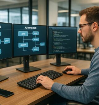 Um rapaz em seu escritório utiliza o n8n em três telas de seu computador