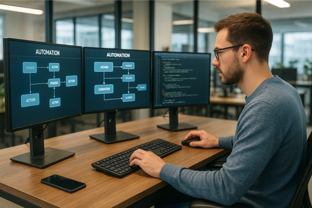 Um rapaz em seu escritório utiliza o n8n em três telas de seu computador