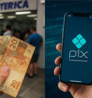 Uma pessoa segura notas (papel-moeda), e ao lado o celular com o PIX na tela