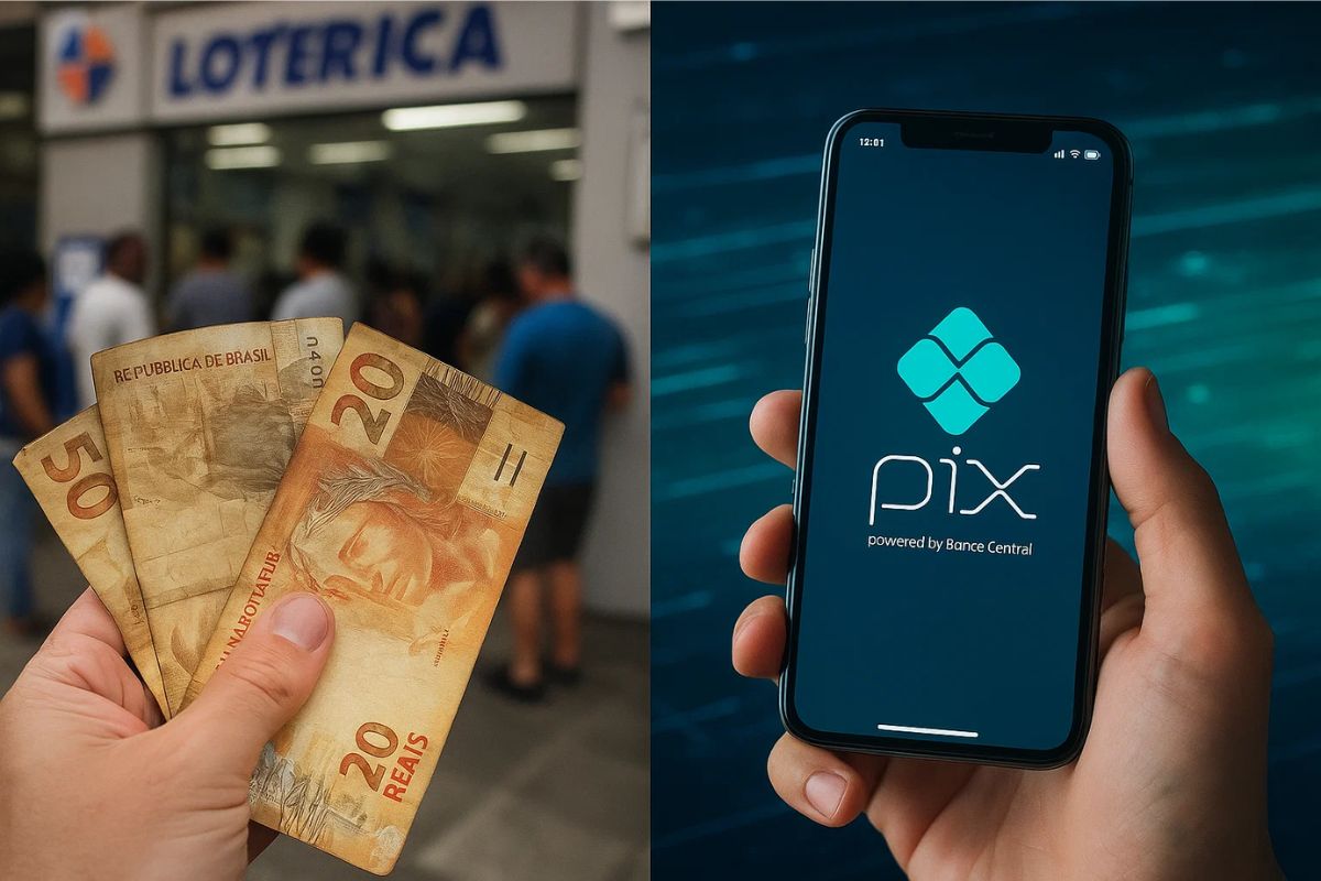 Uma pessoa segura notas (papel-moeda), e ao lado o celular com o PIX na tela