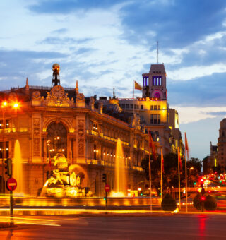 Plaza de Cibeles in summer dusk. Madrid, Spain